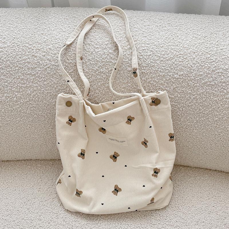 Вельветовая сумка-тоут с мультяшным принтом медведя, большой вместимости, ручная, на плечо, подмышку