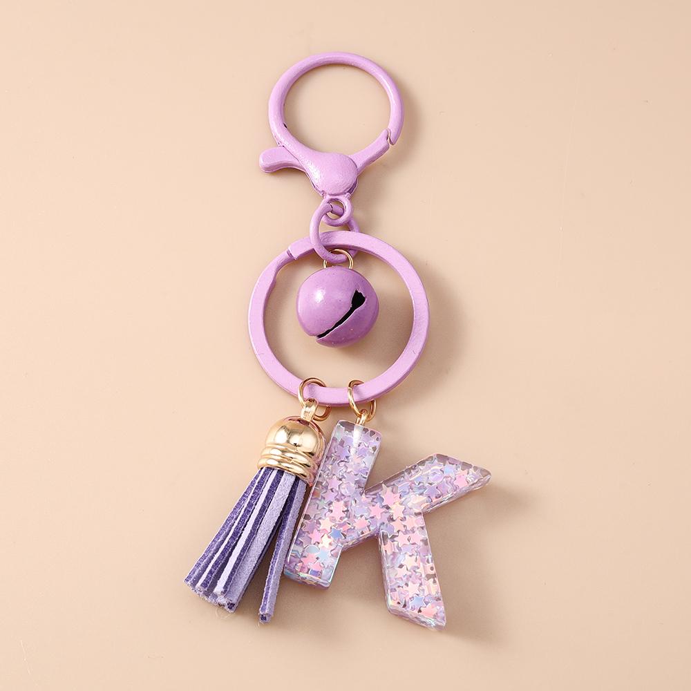 Fashion Purple Tassel Alphabet Keychain 26 Initials Letter Key Ring for Women Girls Handbag Pendants DIY Handmade Jewelry Gifts
