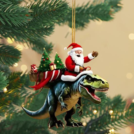 Christmas Pendant Santa Claus On Dinosaur Ornament 2D Flat Acrylic Hanging Decoration for Christmas Tree Mantel Decor