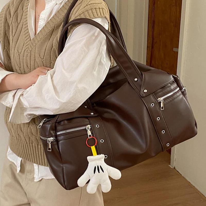 Stylish Studded Tote Bag, Retro Soft Leather Large Capacity Handbag Multi-compartment Shoulder Bag Zippered Women Motorcycle Bag