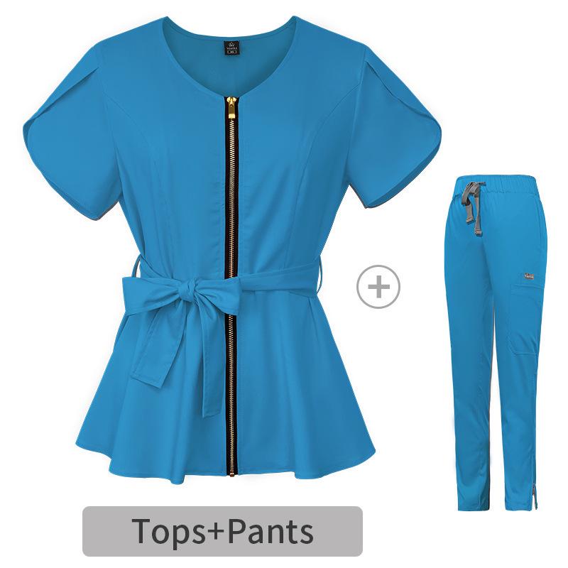 Elastische Taille-Cinchende Ziekenhuis Scrub Set voor Dames - Korte Mouwen Chirurgisch Gaan en Split Broek
