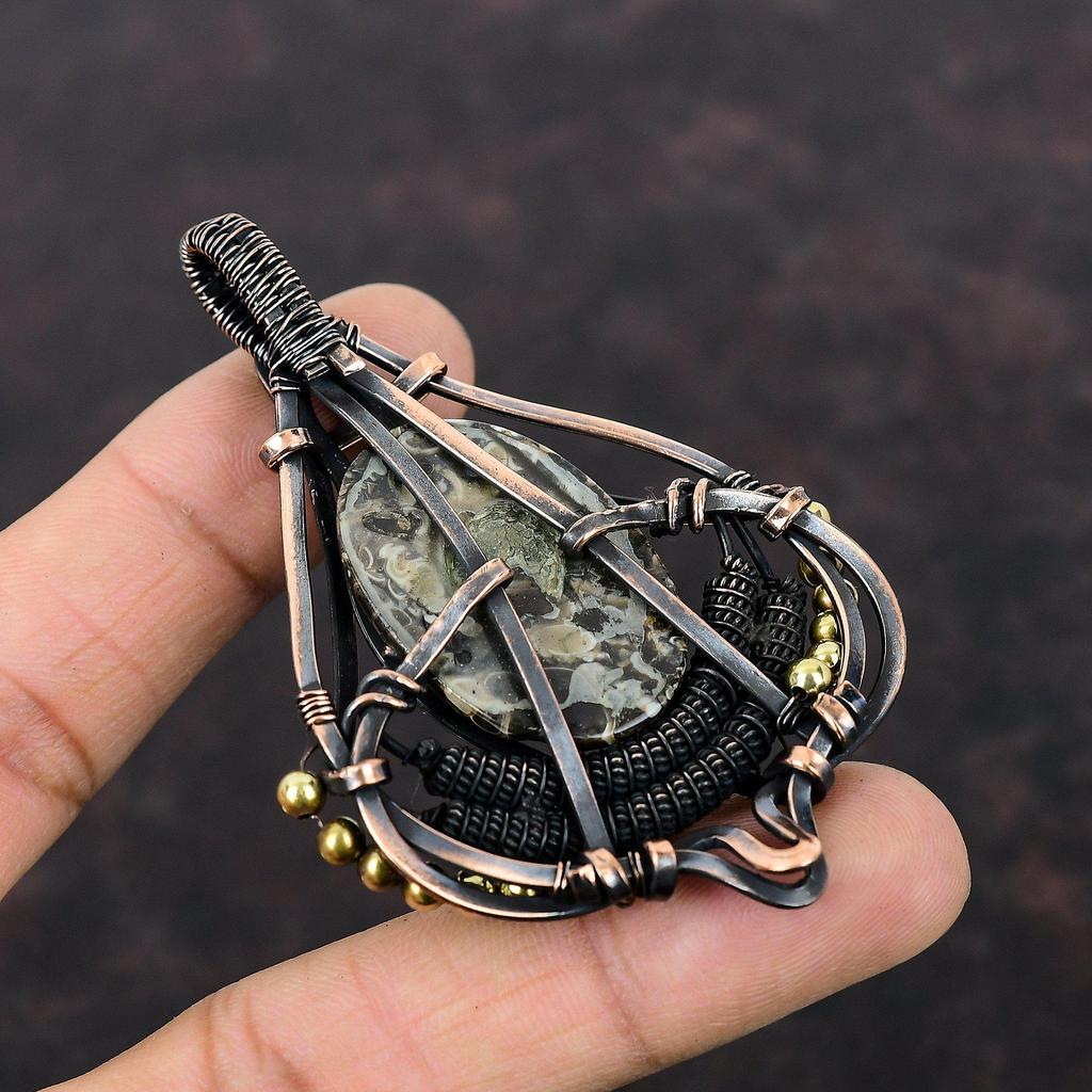 Turritella Agate Pendant Copper Wire Wrapped Pendant Genuine Gemstone Jewelry Handmade Pendant Copper Wire Jewelry Designer Pendant For Gift