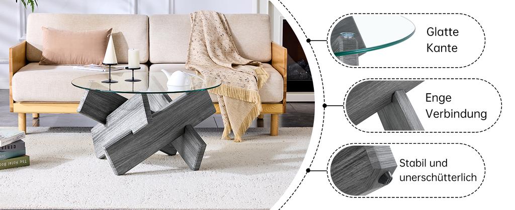 Multi-Color MDF and Glass Round Coffee Table: Creative Cross Gray Support Legs, Simple and Fashionable, 79cm Diameter, 0.8cm Thick Tempered Glass.