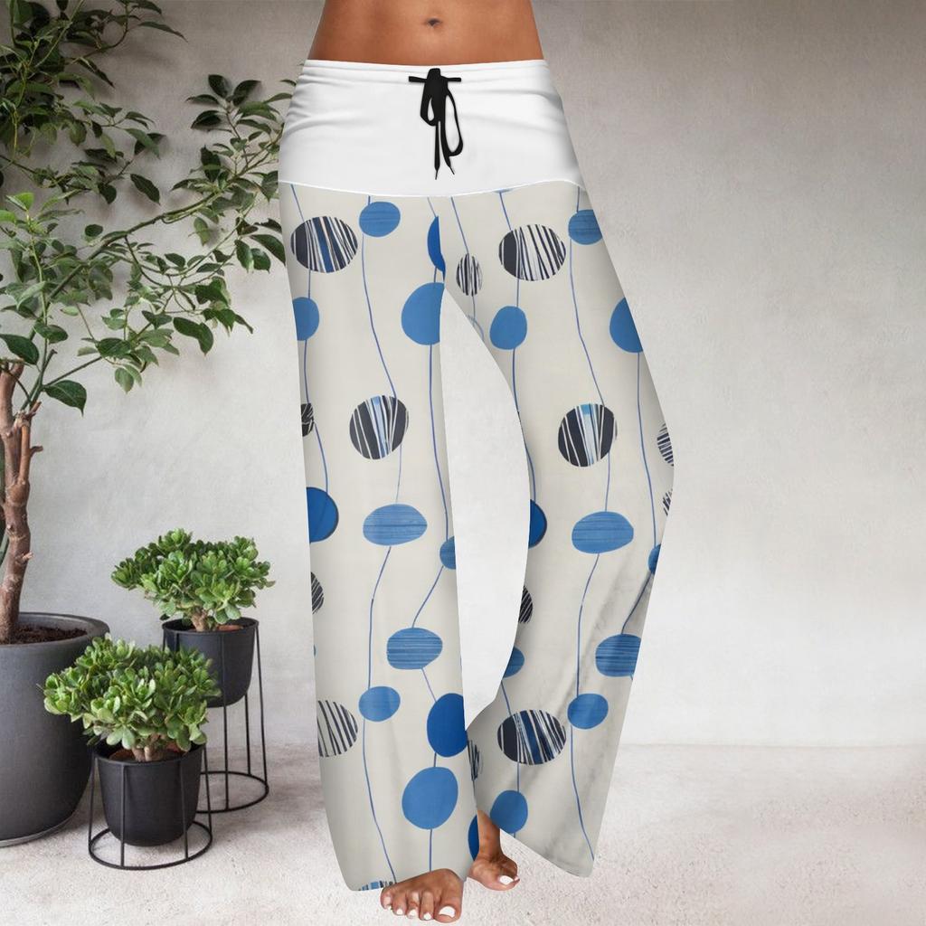 Pantaloni Casual Largi cu Talie Elastică cu Șnur pentru Femei, cu Imprimeu Floral și Blocuri de Culoare