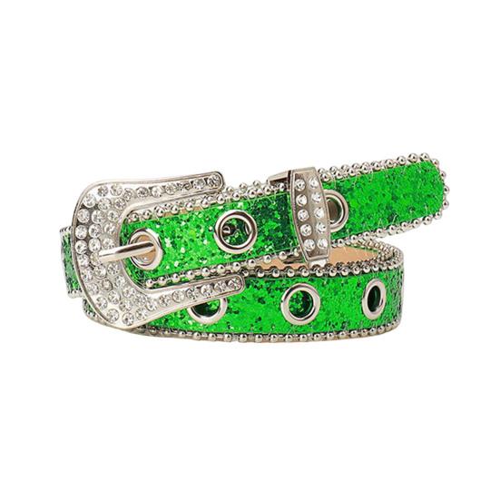 Women Belt Glitter Sequins Shiny Rhinestones Multi Holes Adjustable Length Waistband Imitation Leather Street Style Belt