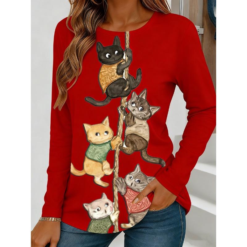 Women's Long-Sleeve T-Shirt for Autumn, Cat Climbing Rope Print Street Style Casual Crew Neck Pullover Loose Fit Outdoor T-Shirt