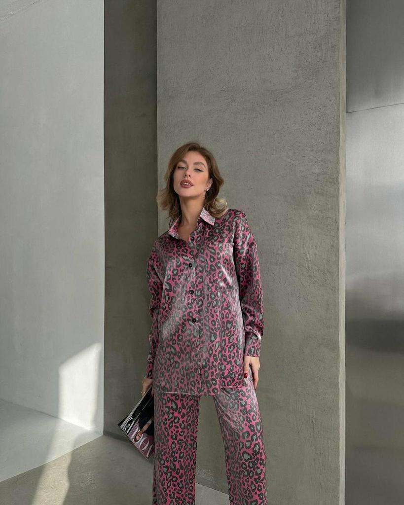 2024 Spring Women's Leopard Print Casual Two-Piece Set: Long Sleeve Top & Pants