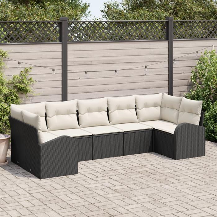 VidaXL Ensemble de canapé de jardin 7 pièces avec coussins en poly rattan noir 3346187
