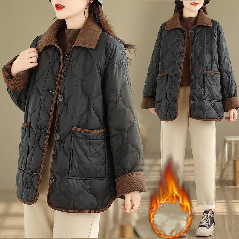 Autumn and Winter Cotton-padded Jacket Lapel Rhombic Contrast Color Loose and Thin Thick Warm Long-sleeved Cotton-padded Jacket Women's Clothing