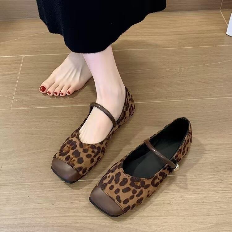 Suede Leopard Print Flat Bottom Wear Mary Jane Shoes Autumn New Temperament French Beanie Shoes Light Mouth Single Shoes