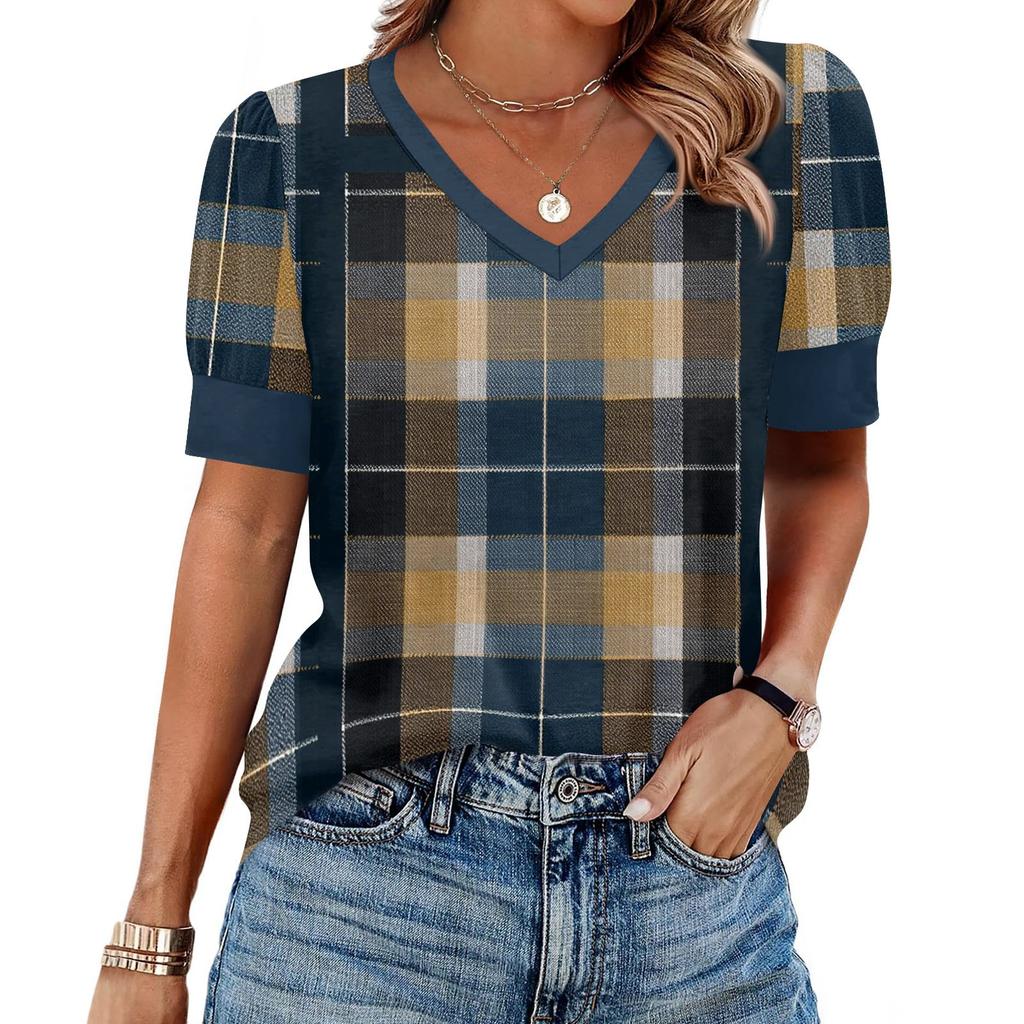 Damenmode Lässig V-Ausschnitt Kurzarm Print Shirt Damen Up Tops