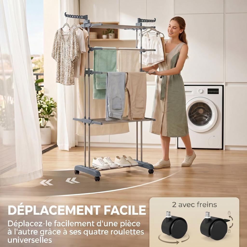 Foldable 4-Tier Clothes Drying Rack with Wheels, Side Wings and Steel Frame, Grey