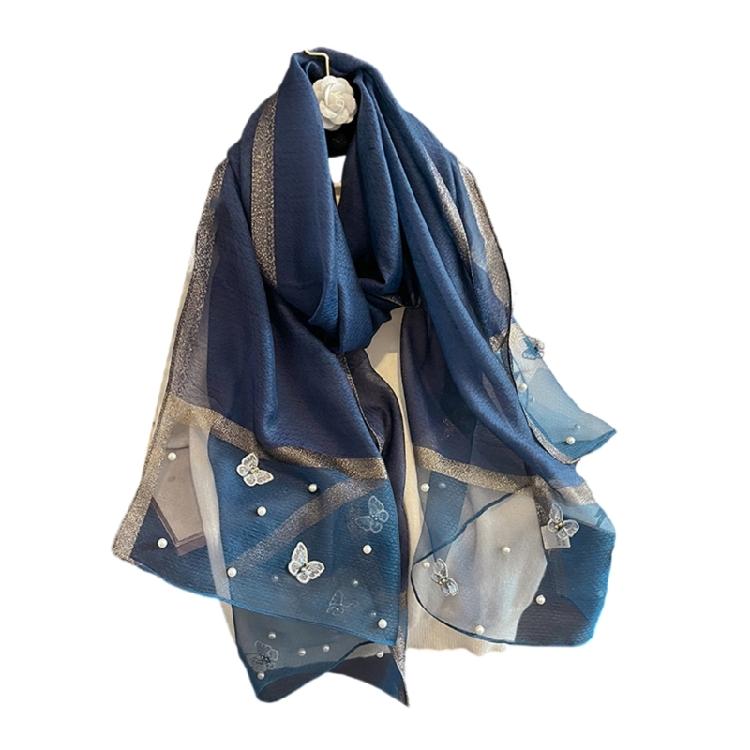 Stylish Butterfly Design Polyester Scarf Women Hijab Shawl Stole Wrap Beaded Accents Fashion Accessory