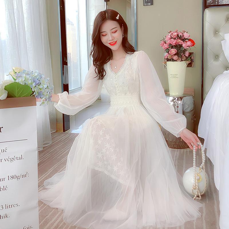 Elegant Autumn Fairy Mesh Lace Dress - Gentle Forest Style Temperament