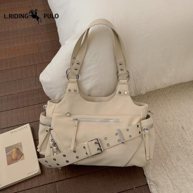 Retro Tote Bag, Large Capacity, Soft Leather Patchwork Crossbody Bag, Fashionable Commuter Studded Motorcycle Bag