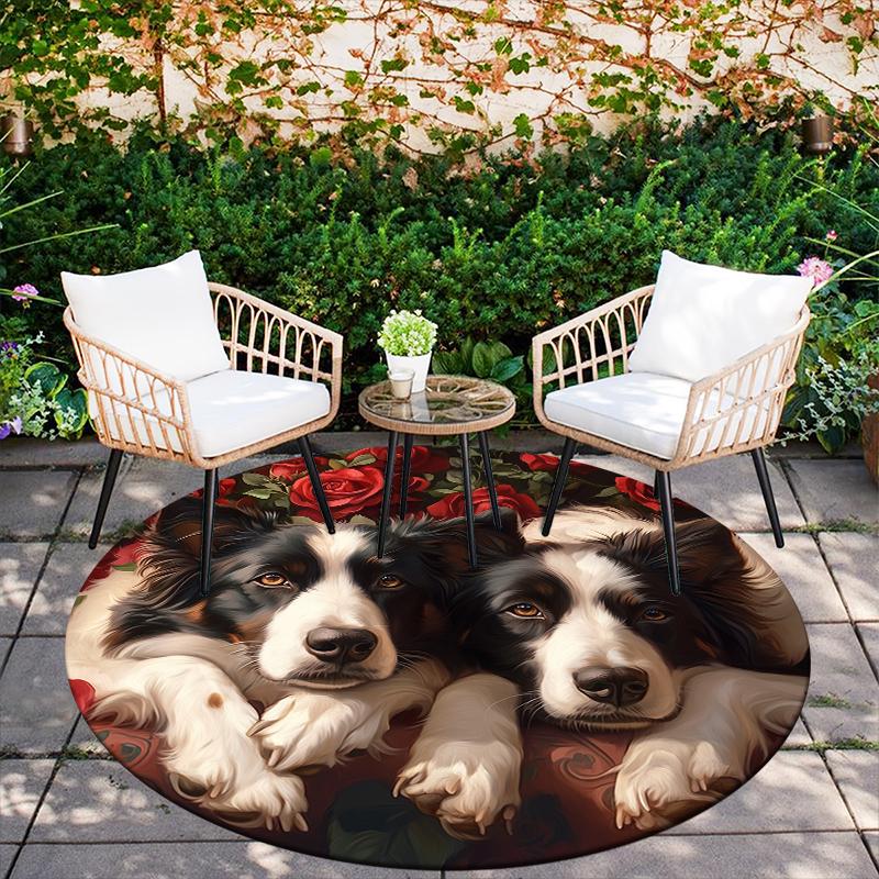 Runder Teppich mit Muster von Border Collie und frischen Blumen, Teppich für Wohnzimmer, Schlafzimmer, Spielzimmer, rutschfeste Fußmatte, Feiertagsgeschenke und Geburtstagsgeschenke.