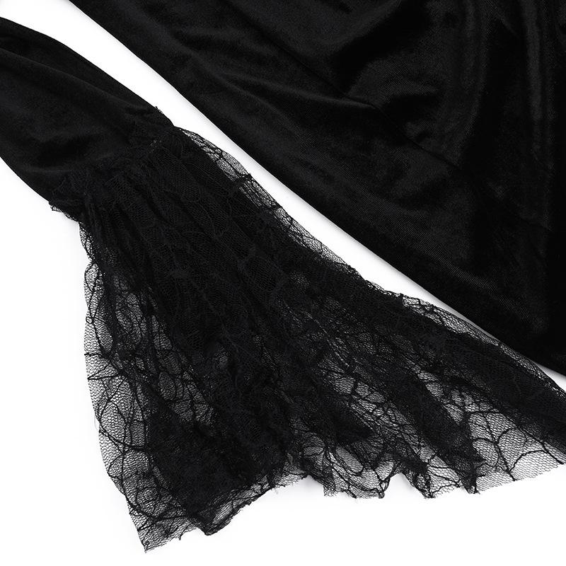 AltGoth Gothic Dark Halloween Velvet Dress Women Vintage Fairy Grunge Lace Patchwork Flare Sleeve High Waist Evening Party Dress