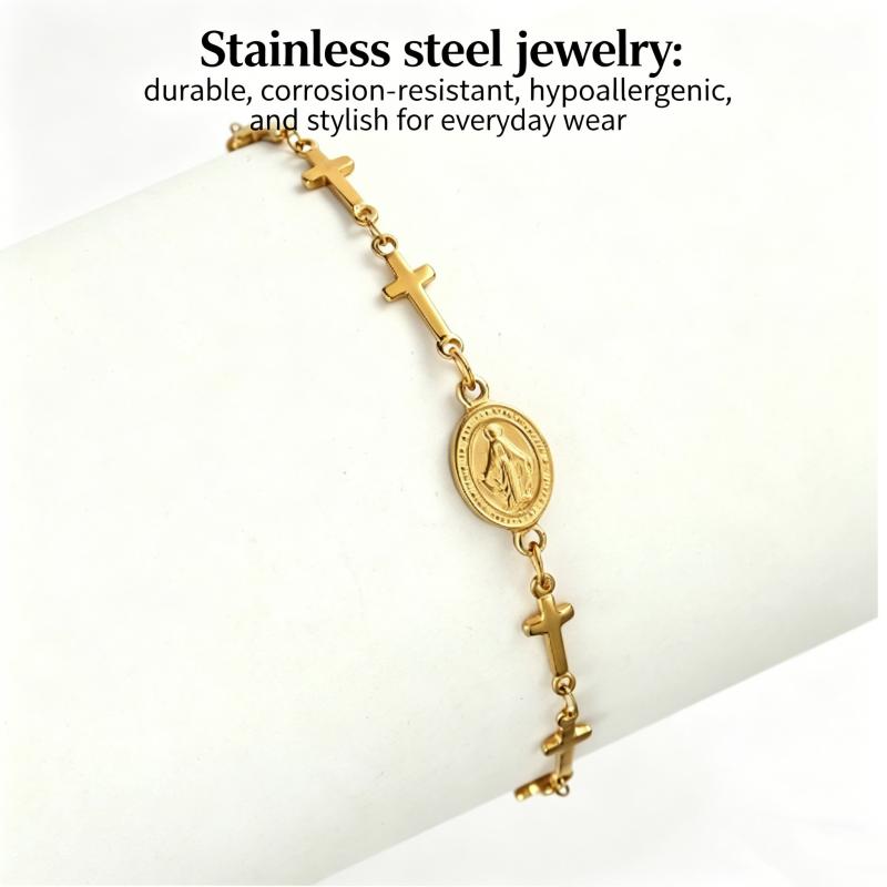 Vintage Virgin Mary Bracelet For Women Prayer Beads Jewelry Stainless Steel Cross Accessories Bracelet Religion Hand Gifts