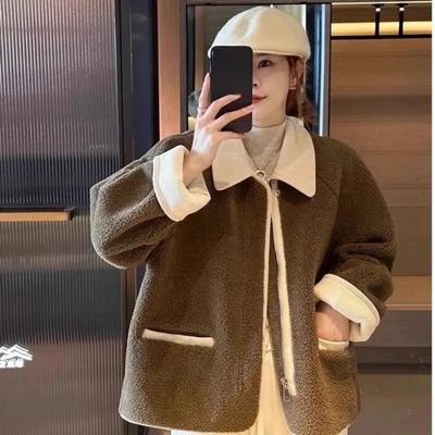 Contrast Color Lapel Lamb Coat Autumn and Winter Loose Zipper Long-sleeved Casual Fashion Top