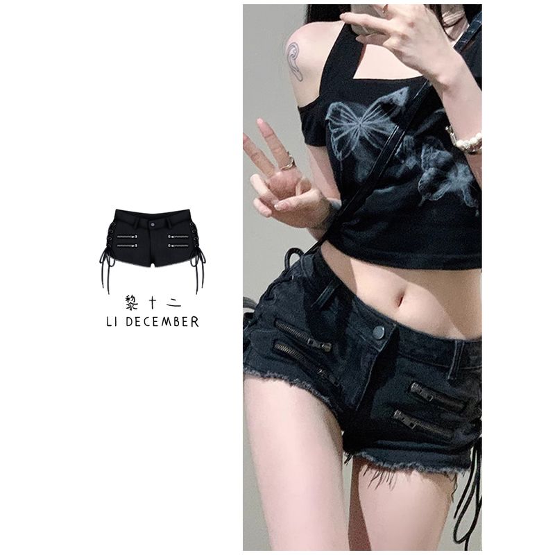 

Fashion Style Ins Washed Black Gray Denim Super Short Shorts Women s Low Waist Lace-up Zipper Raw Edge Hip Lifting Hot Pants Black Gray XS