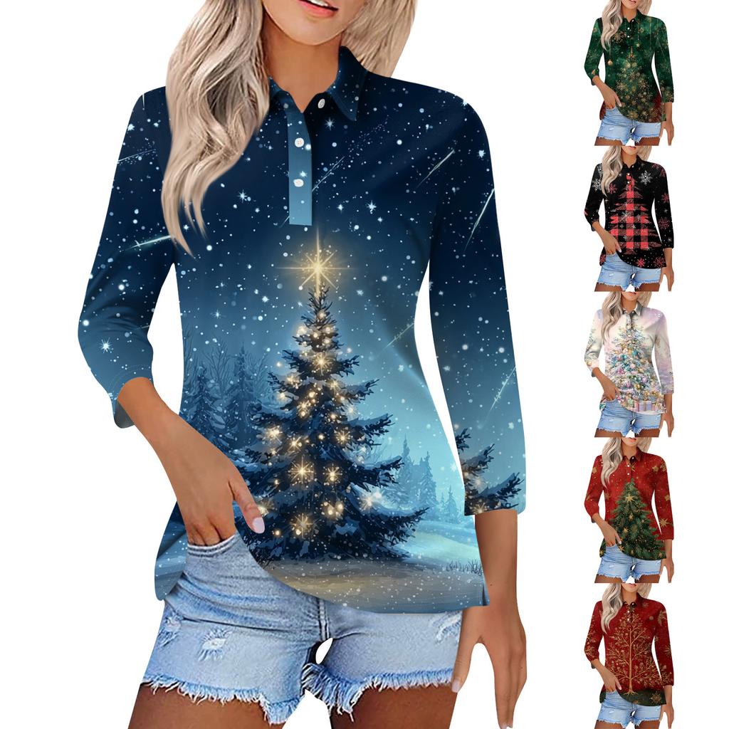 Dámská móda Ležérní klopa Krátký 3/4 rukáv Vánoční potisk Košile Dámské knoflíkové topy
