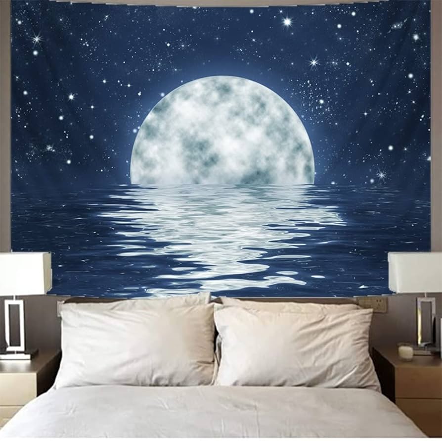 Moon Over Ocean Tapestry Full Moon Night Sky with Cherry Blossom Tree Wall Tapestry for Bedroom Cloud Pink Floral Wall Hanging