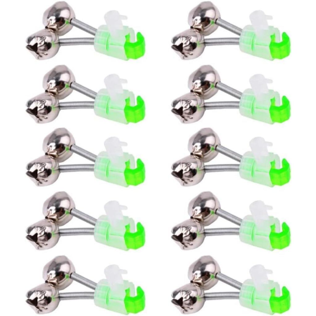 10 Pezzi Campanelli per Canne da Pesca Argentati Campanello Doppio 1,89 Pollici Verde Zincato Allarme Morso Pesce Indicatore di Morso Portatile Riutilizzabile