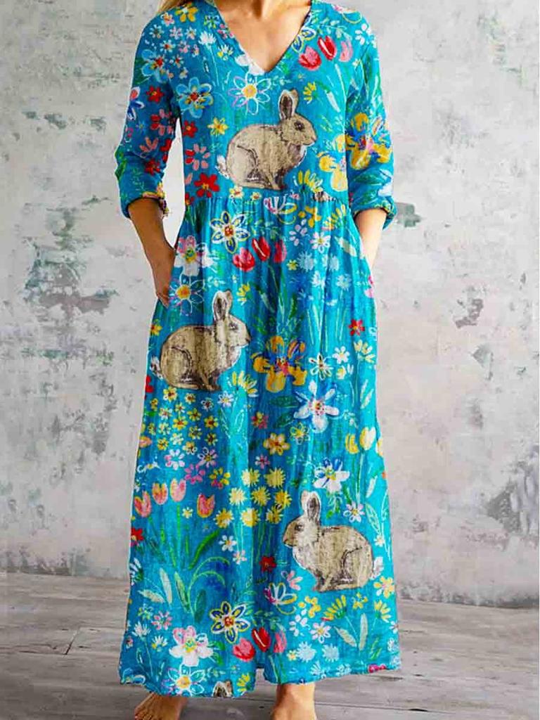 Damen Langarm V-Ausschnitt Maxi Kleid mit Streifenmuster, Knöchellanges Fließendes Kleid, Lässig Elegantes Kleid