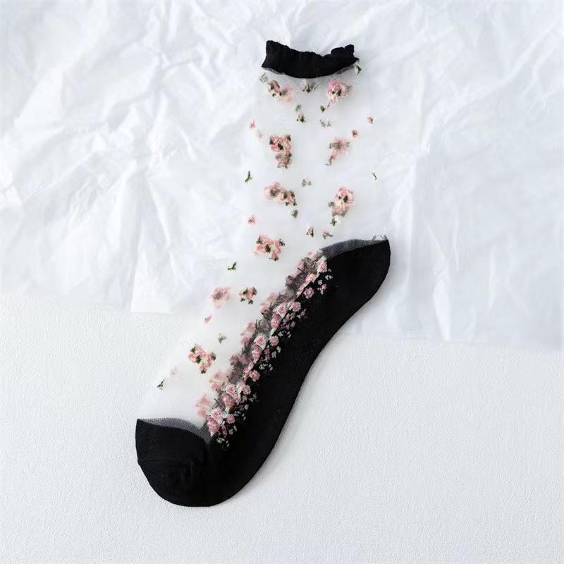 5Pairs Elastic Socks Crystal Glass Silk Ultrathin Lace Literary Sale Summer Transparent Jacquard Short Socks