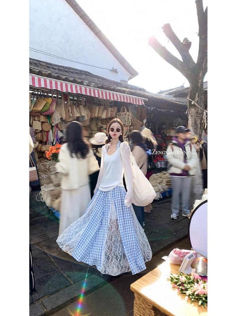 Zeng Xiaoxian Women's Irregular Blue Plaid Lace A-line Long Skirt: Summer 2025 Beachwear.