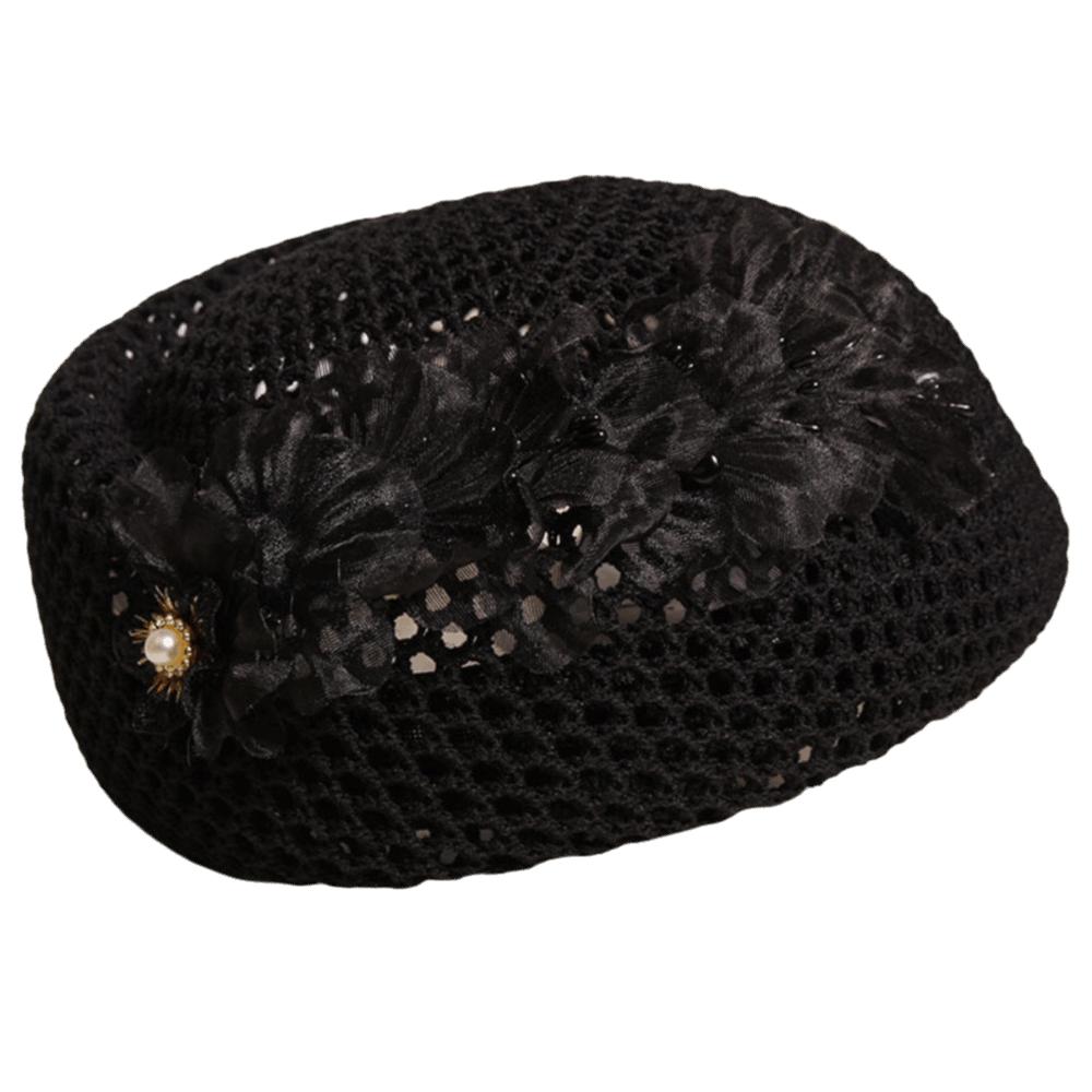 

French Floral Painter hat Ethnic Women Knit Fabric Cap Fashion Hollow Out Beret Party Floral Tail Black