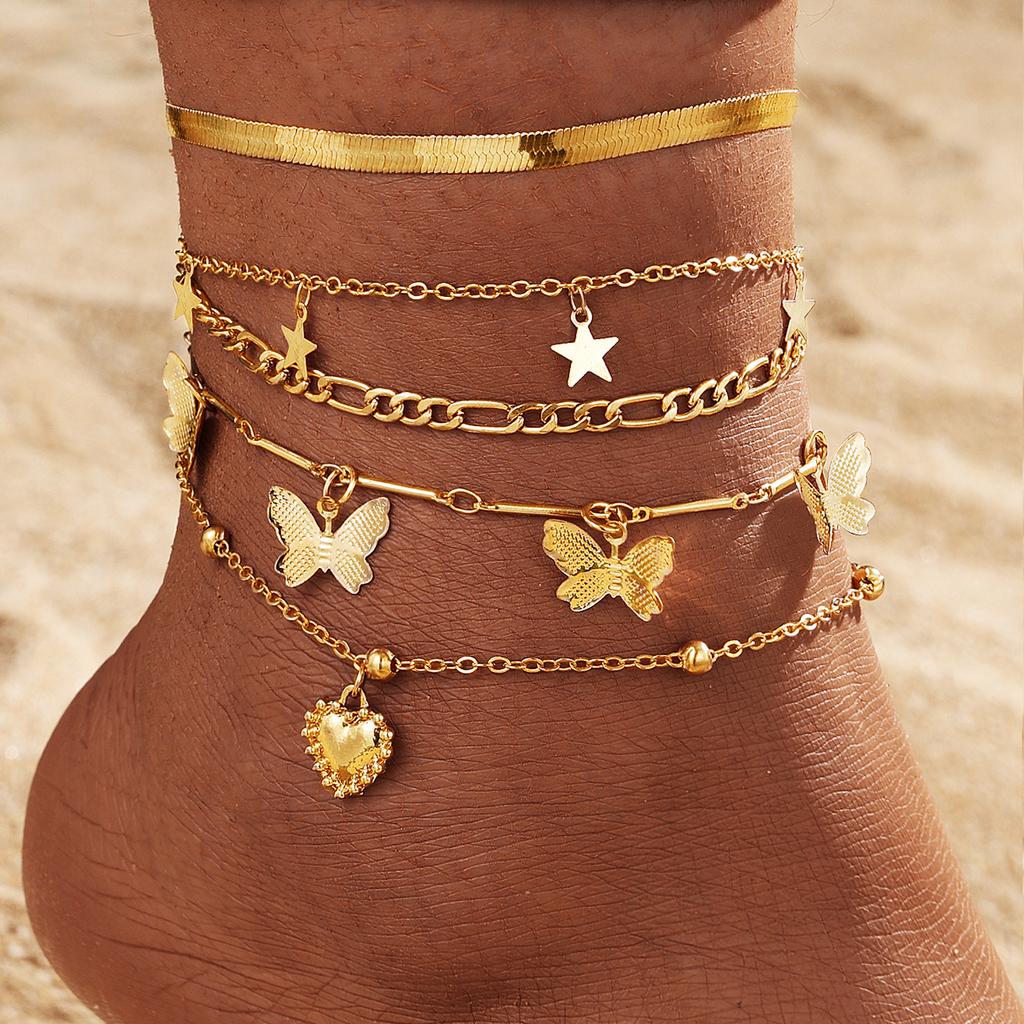 Suitable For Daily Wear A Gift Simple Classic Butterfly Heart Pendant Stackable Anklet Chain Design 5pcs/set Women's For Holidays Unique