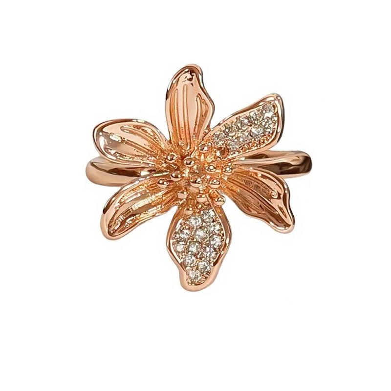 Rose Gold Light Luxury Flower Open Ring Pink Diamond Zircon Double G Temperament Exquisite Stacked Ring Woman