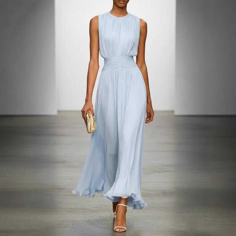 Sommer Damen Ärmellos Einfarbig Taille Rundhals Reißverschluss Hinten Kleid Langer Rock S hellblaue