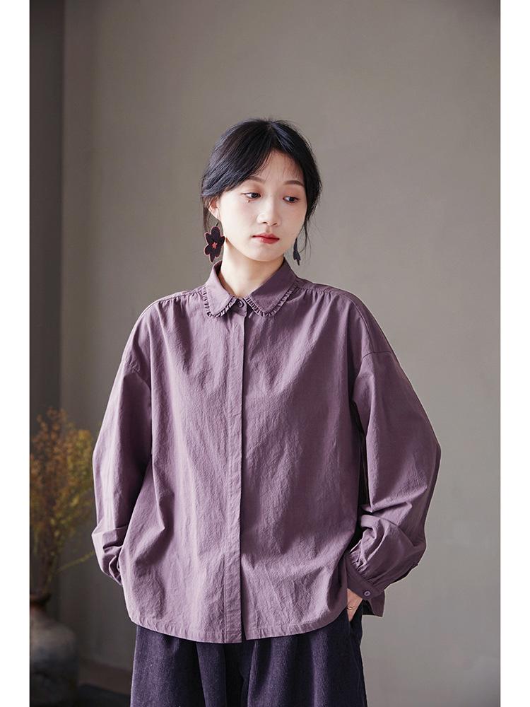 Retro Ash Purple Loose Winter Shirt with Small Lapel L