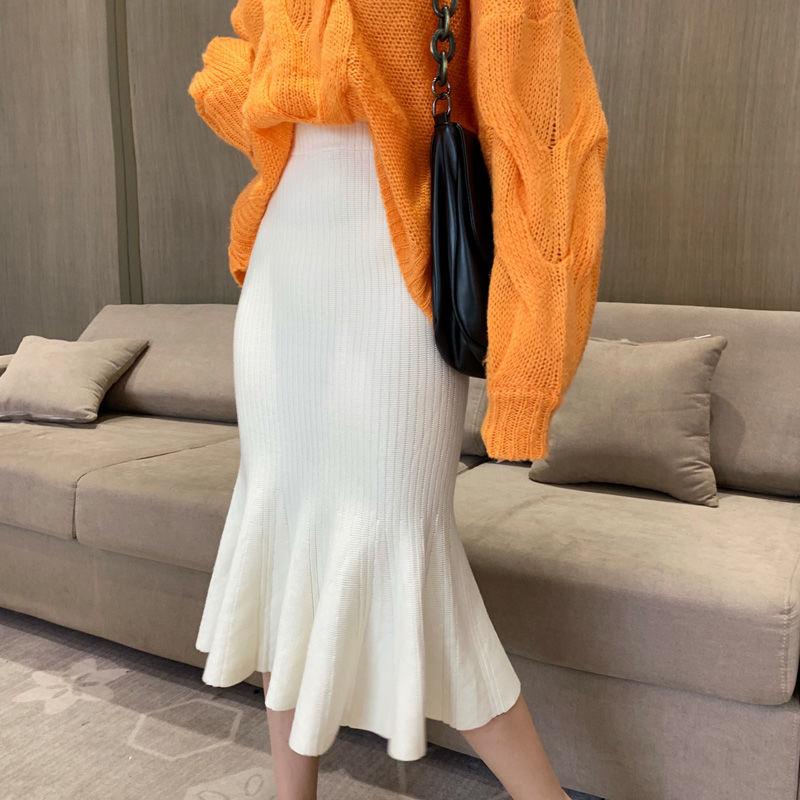 Spring and Autumn Versatile High Waist Lotus Leaf Edge Knitted Half Skirt for Women Medium To Long Hip Wrapping Fish Tail Skirt