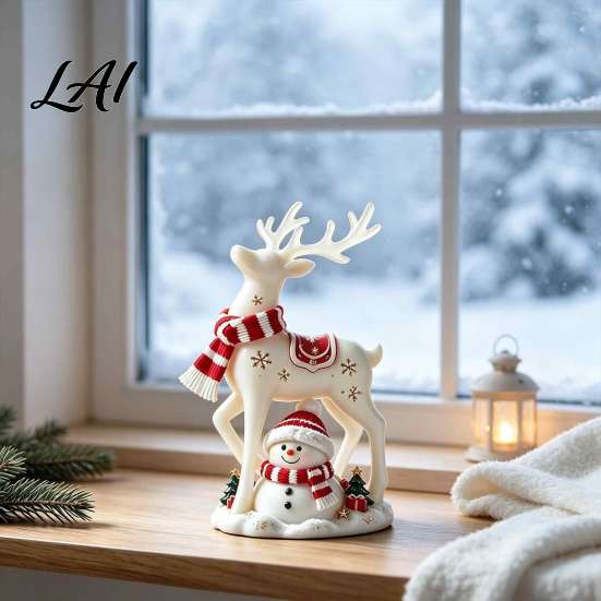 Christmas Table Decorations Reindeer Snowman Resin Figurine White Deer Statue with Red Scarf Decorative Collectibles for Home Winter Holiday