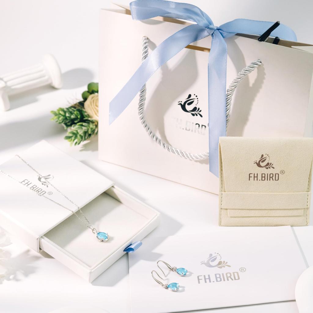 Aquamarine Earrings and Necklace March Birthstone Silver Light Birthday Accessories [FH.bird] Set, "Angel Stone", 925, Hypoallergenic, Rust-Resistant,