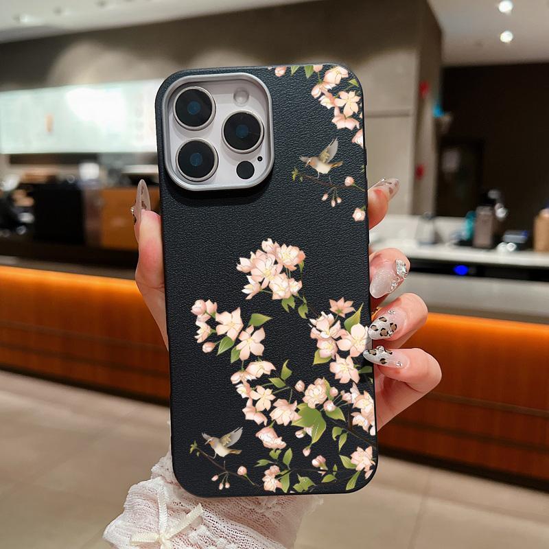 Cherry Blossom Pattern Leather Texture Slim Case for iPhone 16 Pro Max 15 Pro 14 Plus 13 12 11 Tpu Soft Shockproof Matte Solid Color Phone Cover