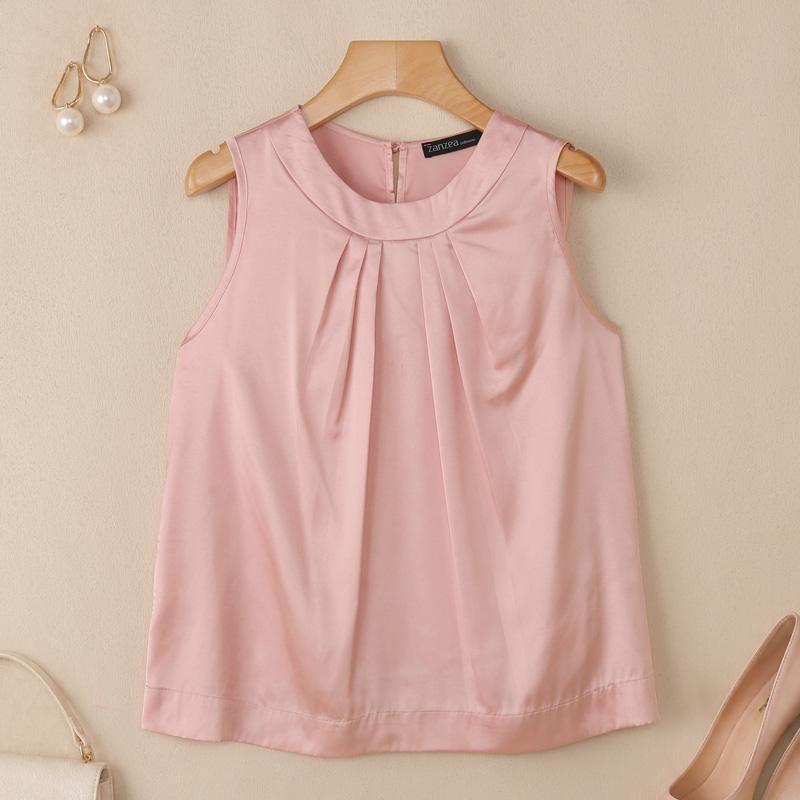 ZANZEA Womens Elegant Satin Tank Top Sleeveless O Neck Casual Pleated Blouse