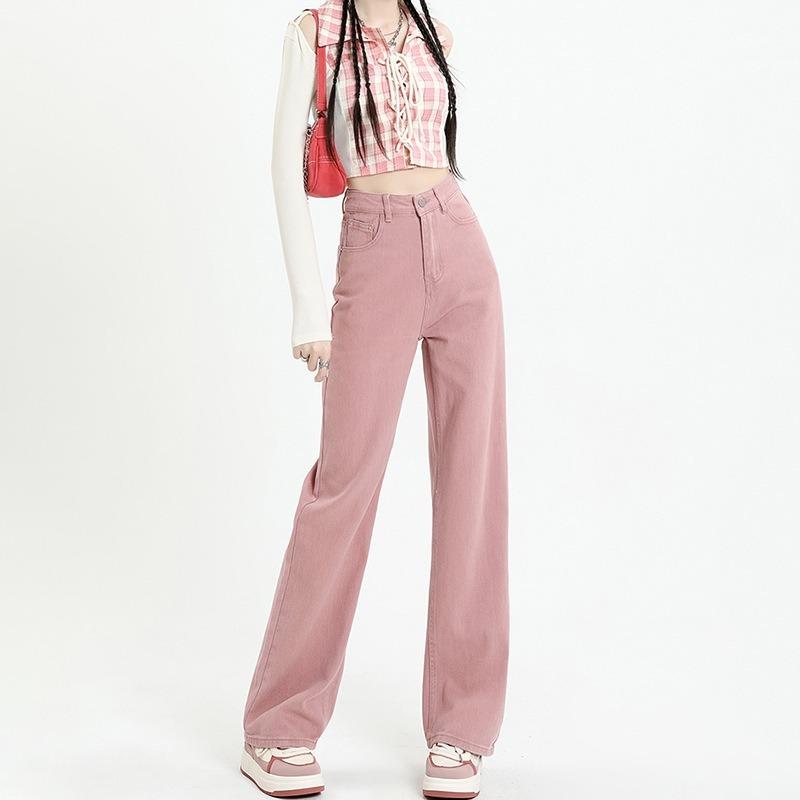 

Женские брюки розовые джинсы весна и осень новые с высокой талией тонкие свободные прямые драпированные узкие широкие брюки L светло-розовый