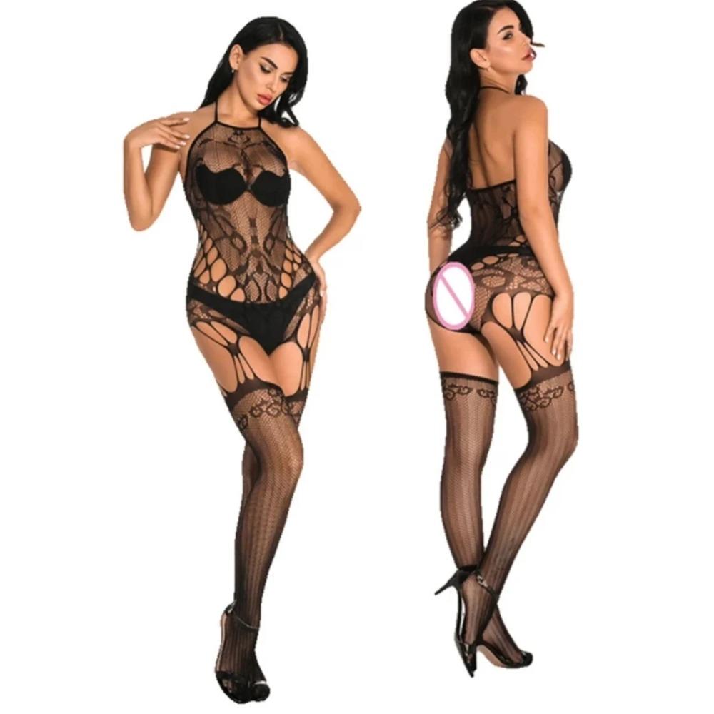 Women Red Fishnet Underwear Sexy Lingerie Striped Mesh Bodystocking Hollow Out Dress Bandage Bodysuits Sex Erotic Costumes