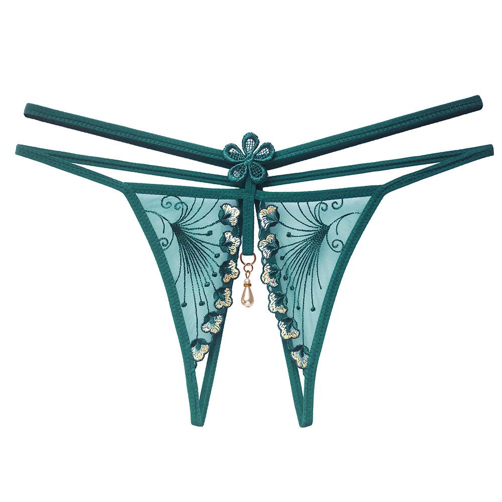 Want To Tie Julie * Embroidered Lace Open Panties Women's Erotic Beads Transparent Seduction Low Waist Free Thong