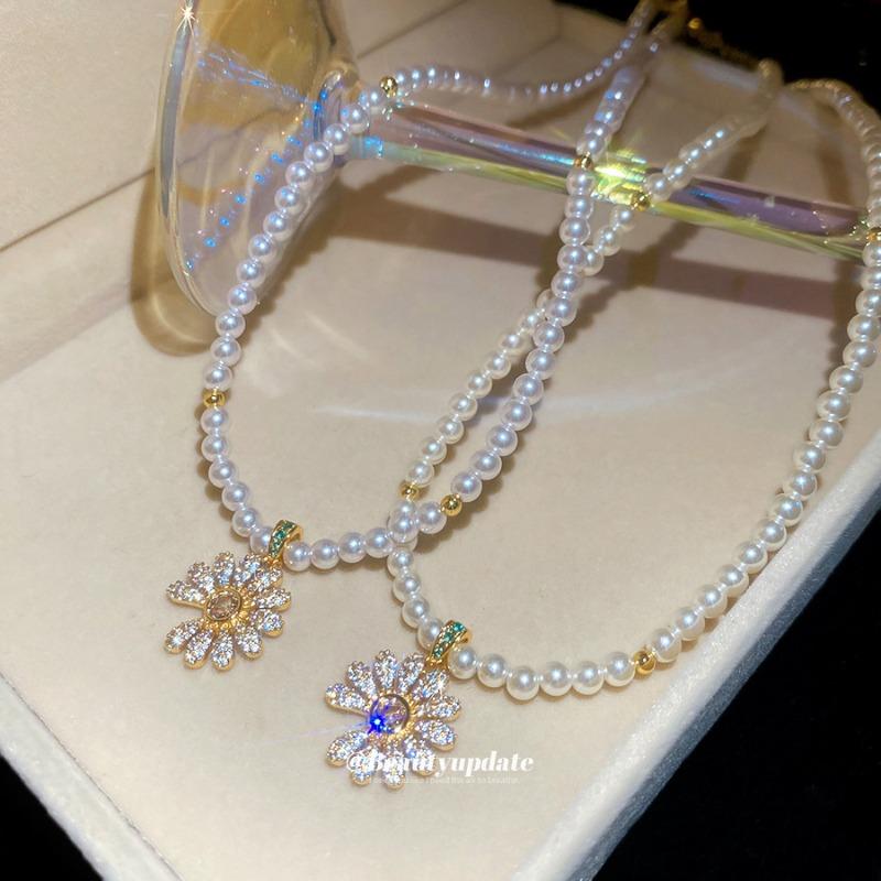 K Real Gold Electroplated Zircon Flower Pendant Pearl Necklace Design Sensen Collarbone Chain Sweet Fashion Neck Chain
