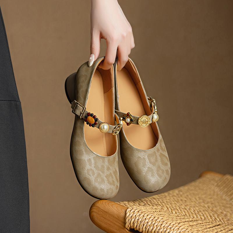 Krazing Pot Stain Sheep Skin Summer Size 40 Mary Janes Low Heels Gray Color Leopard Prints Round Toe Elegant Shallow Pumps