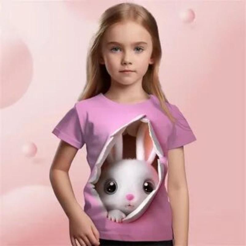 Cute Rabbit Short Sleeved Shirt Cartoon Print Girls Children Soft Comfortable T-Shirts Girls
