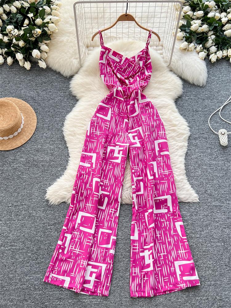 

Женский модный комбинезон на тонких бретельках, плиссированный, облегающий, с широкими штанинами, пляжные брюки с принтом, летние повседневные комбинезоны One Size