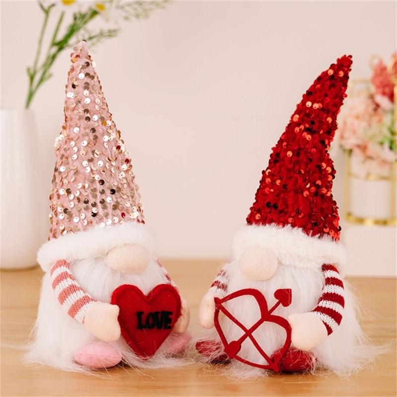 Valentine's Day Gnome Sequins Hat with Led Light Plushes Beard Doll Ornament for Elf Decoration New Year Holiday Gift