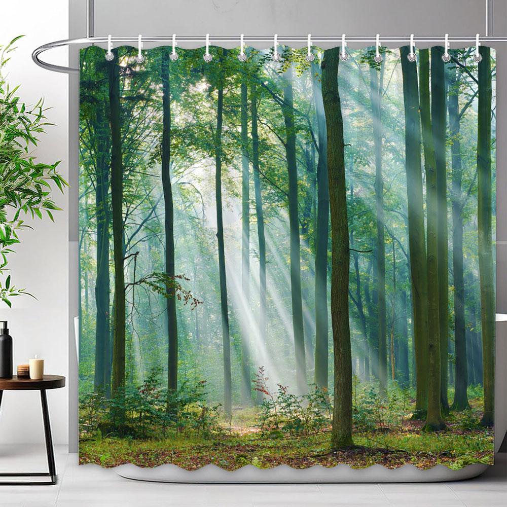 Outdoor Scenic Forest Shower Curtain With Hooks Green Plant Tree Waterfall Landscape Waterproof Shower Curtains Bathroom Decor