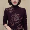 Autumn/Winter Rose Rhinestone Fleece Stand-Up Collar Long Sleeve Warm Top for Middle-Aged and Elderly Women
